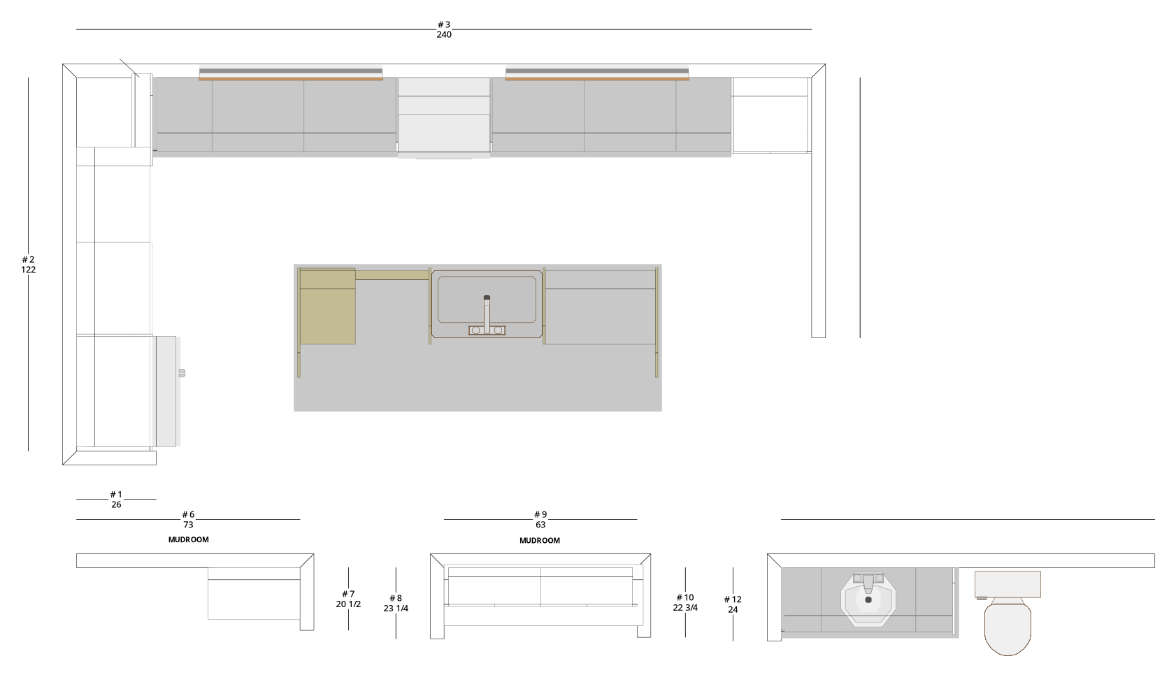 Large Transitional One-Wall Kitchen Cabinet Layout with Island/Peninsula - PDF Drawing Set | 1077-KII