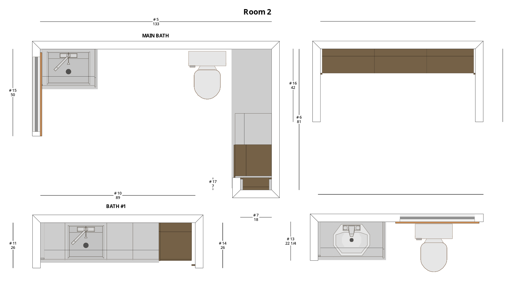 Medium Modern Minimalist Bathroom, Closet, and TV Cabinet Layout - PDF Drawing Set | 1078-BCT
