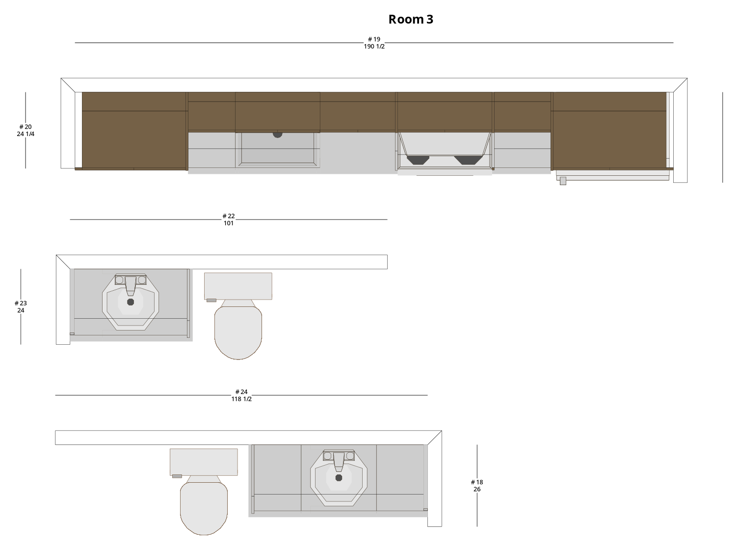 Large Modern Minimalist One-Wall Kitchen Cabinet Layout - PDF Drawing Set | 1078-KI