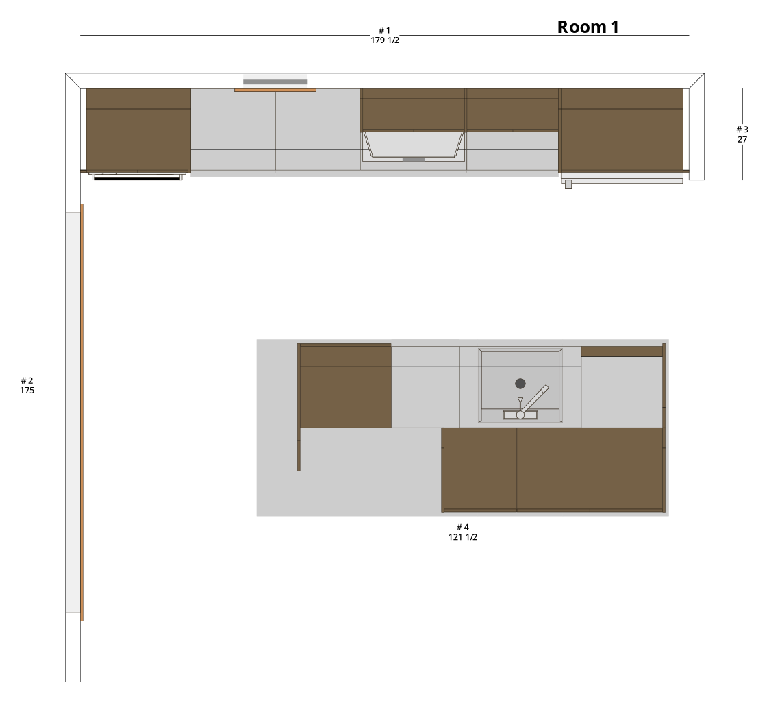 Large Modern Minimalist One-Wall Kitchen Cabinet Layout with Island/Peninsula - PDF Drawing Set | 1078-KII