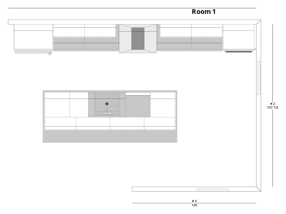 Large Transitional One-Wall Kitchen Cabinet Layout with Island/Peninsula - PDF Drawing Set | 1081-KII