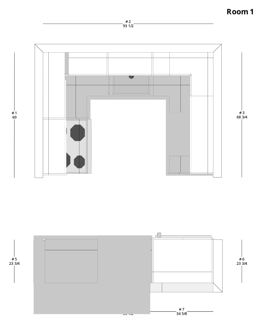 Small Traditional U-Shaped Kitchen Cabinet Layout with Island/Peninsula - PDF Drawing Set | 1082-KUI
