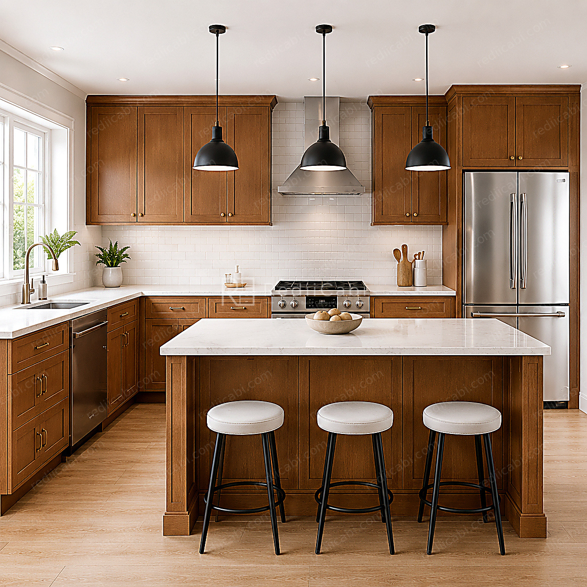 Small Traditional U-Shaped Kitchen Cabinet Layout with Island/Peninsula - PDF Drawing Set | 1082-KUI