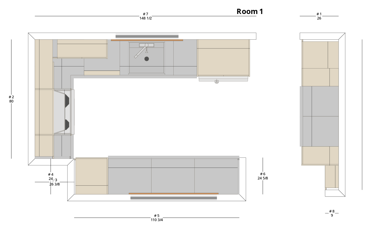 Medium Transitional U-Shaped Kitchen Cabinet Layout - PDF Drawing Set | 1084-KU