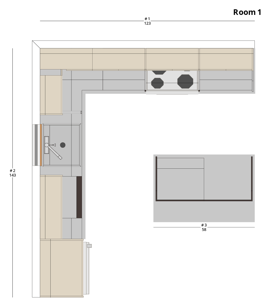 Medium Modern Minimalist L-Shaped Kitchen Cabinet Layout with Island/Peninsula - PDF Drawing Set | 1085-KLI