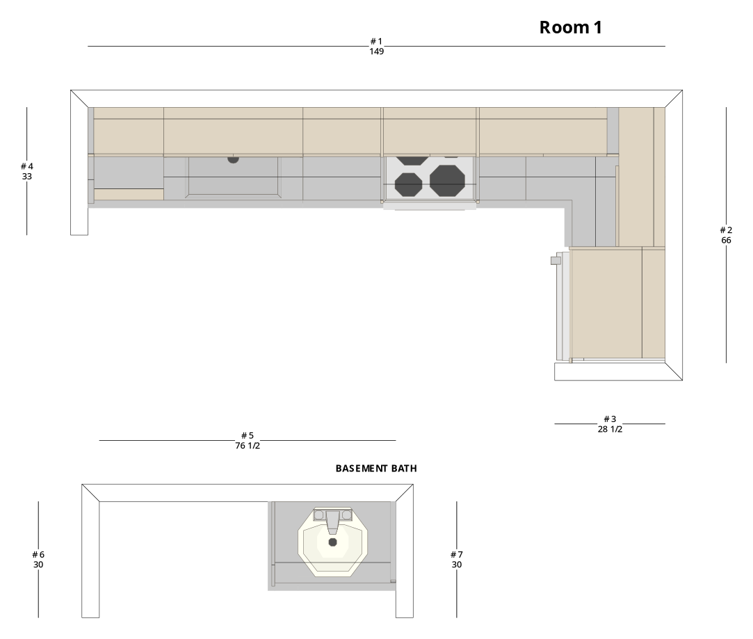Medium Modern Minimalist L-Shaped Kitchen Cabinet Layout - PDF Drawing Set | 1086-KL