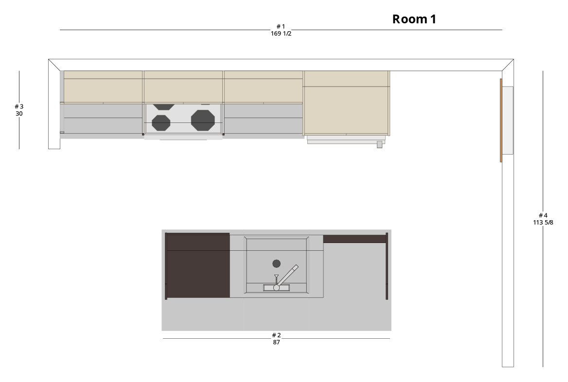Large Modern Minimalist One-Wall Kitchen Cabinet Layout with Island/Peninsula - PDF Drawing Set | 1087-KII