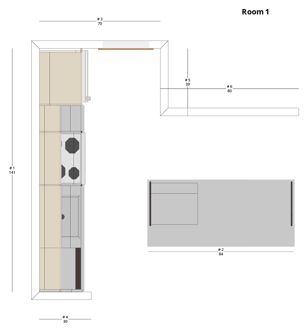 Medium Modern Minimalist One-Wall Kitchen Cabinet Layout with Island/Peninsula - PDF Drawing Set | 1089-KII