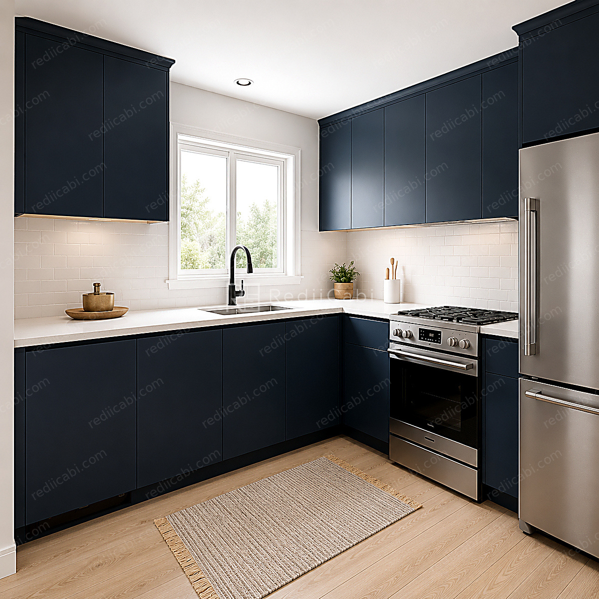 Medium Modern Minimalist One-Wall Kitchen Cabinet Layout with Island/Peninsula - PDF Drawing Set | 1089-KII