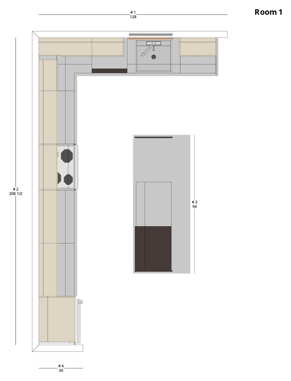 Large Modern Minimalist L-Shaped Kitchen Cabinet Layout with Island/Peninsula - PDF Drawing Set | 1091-KLI