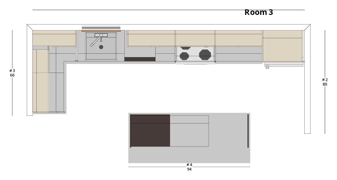 Medium Modern Minimalist One-Wall Kitchen Cabinet Layout with Island/Peninsula - PDF Drawing Set | 1093-KII