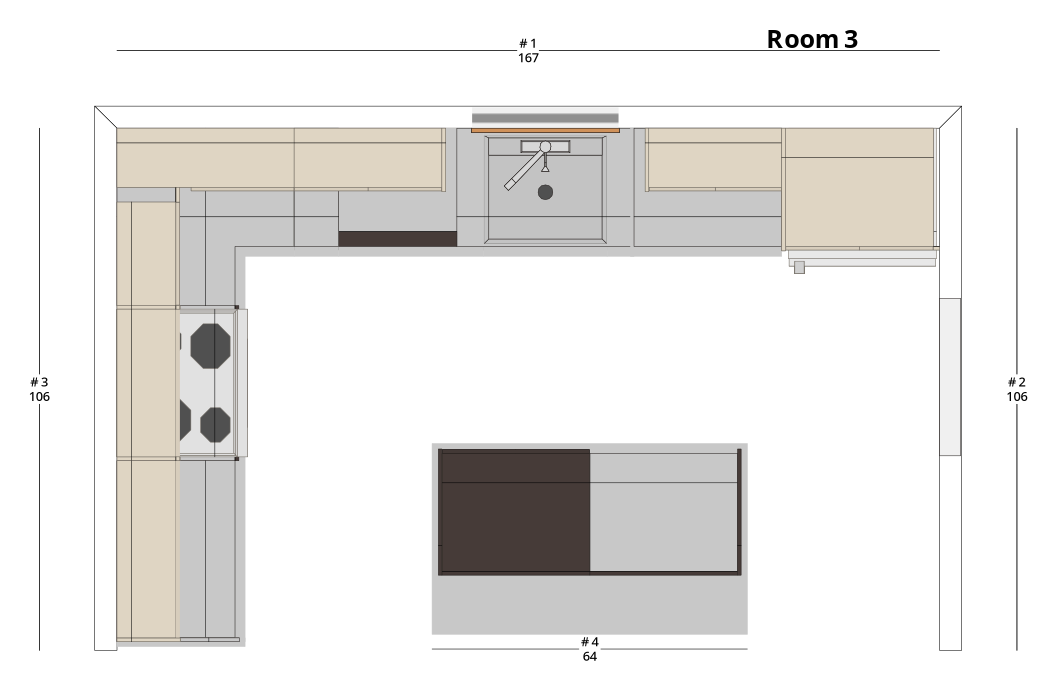 Large Modern Minimalist One-Wall Kitchen Cabinet Layout with Island/Peninsula - PDF Drawing Set | 1095-KII