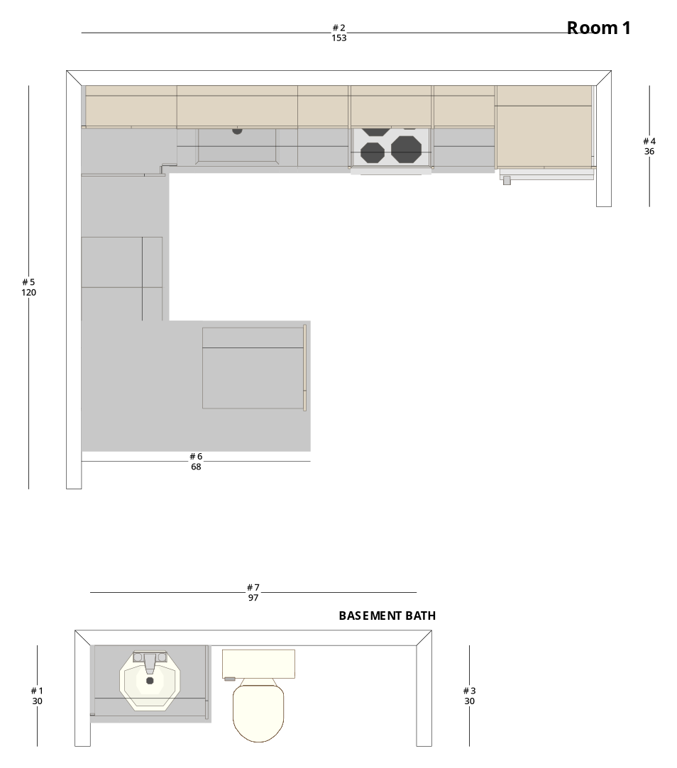 Large Modern Minimalist L-Shaped Kitchen Cabinet Layout with Island/Peninsula - PDF Drawing Set | 1096-KLI