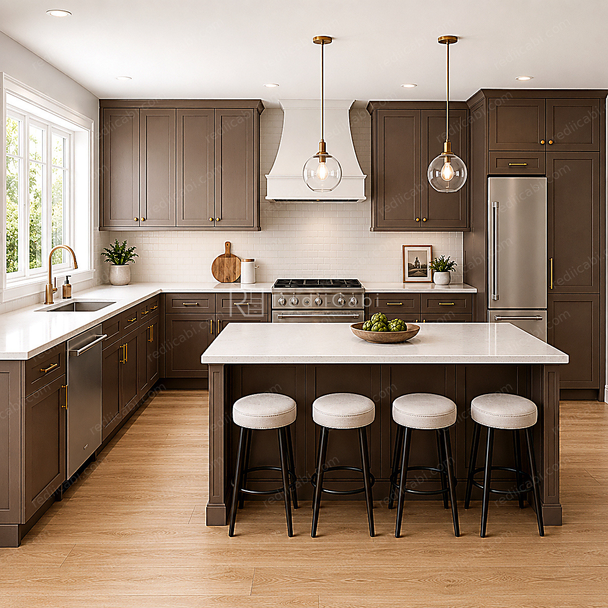 Medium Modern Minimalist L-Shaped Kitchen Cabinet Layout with Island/Peninsula - PDF Drawing Set | 1097-KLI