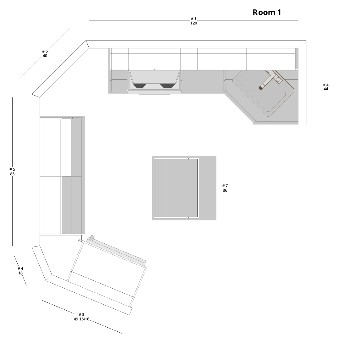Medium Transitional L-Shaped Kitchen Cabinet Layout with Island/Peninsula - PDF Drawing Set | 1103-KLI