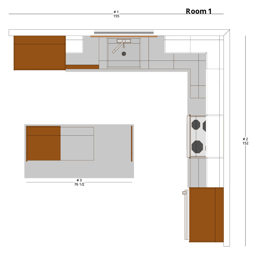 Large Transitional L-Shaped Kitchen Cabinet Layout with Island/Peninsula - PDF Drawing Set | 1106-KLI