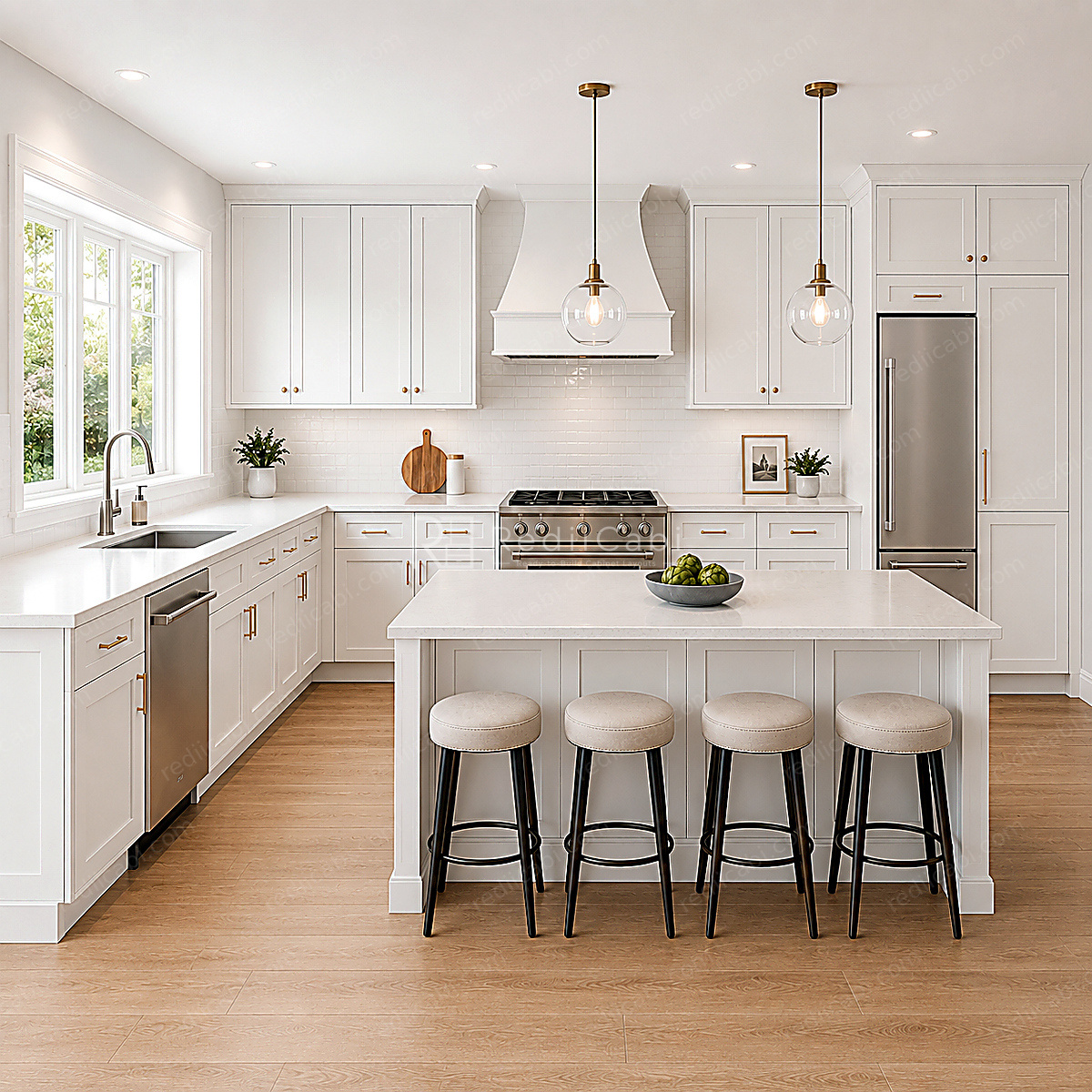 Large Transitional L-Shaped Kitchen Cabinet Layout with Island/Peninsula - PDF Drawing Set | 1106-KLI