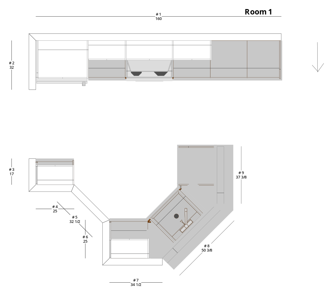 Medium Modern Minimalist One-Wall Kitchen Cabinet Layout with Island/Peninsula - PDF Drawing Set | 1110-KII