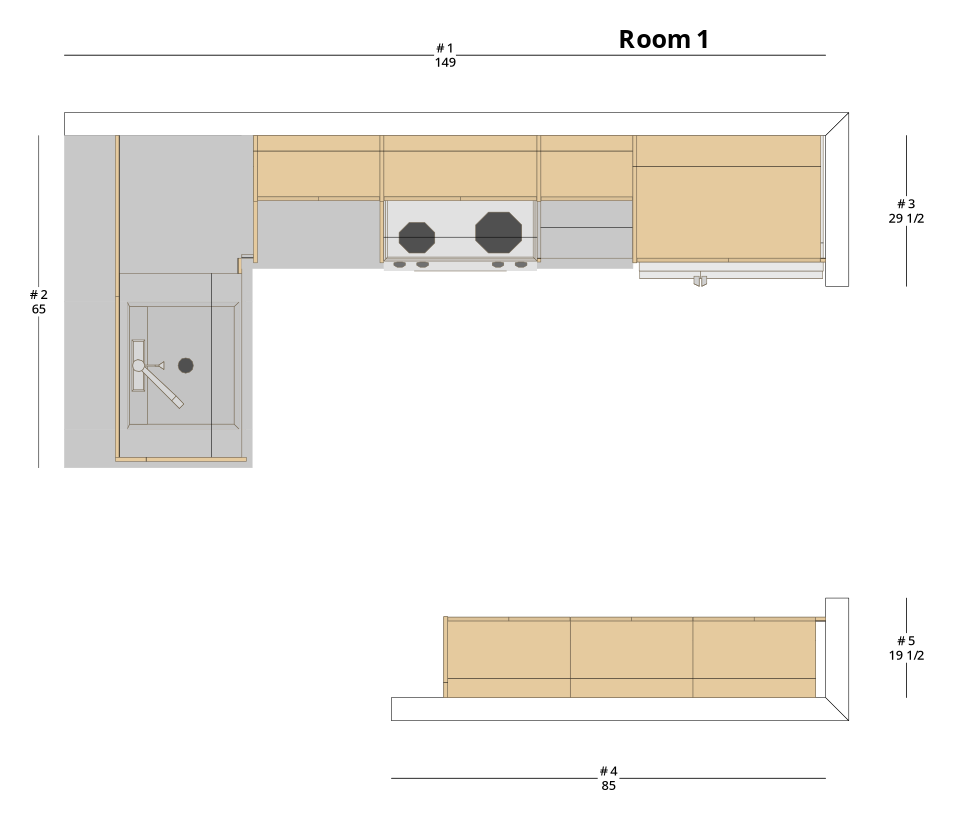 Medium Modern Minimalist L-Shaped Kitchen Cabinet Layout - PDF Drawing Set | 1111-KL