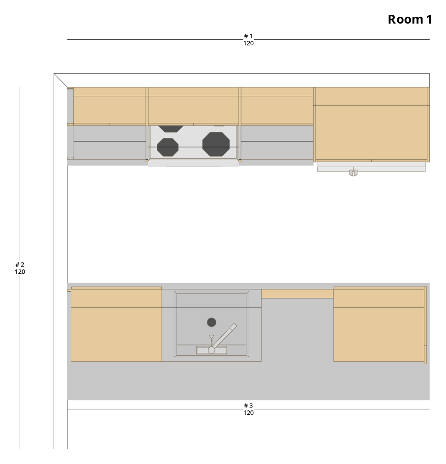 Medium Modern Minimalist One-Wall Kitchen Cabinet Layout with Island/Peninsula - PDF Drawing Set | 1112-KII