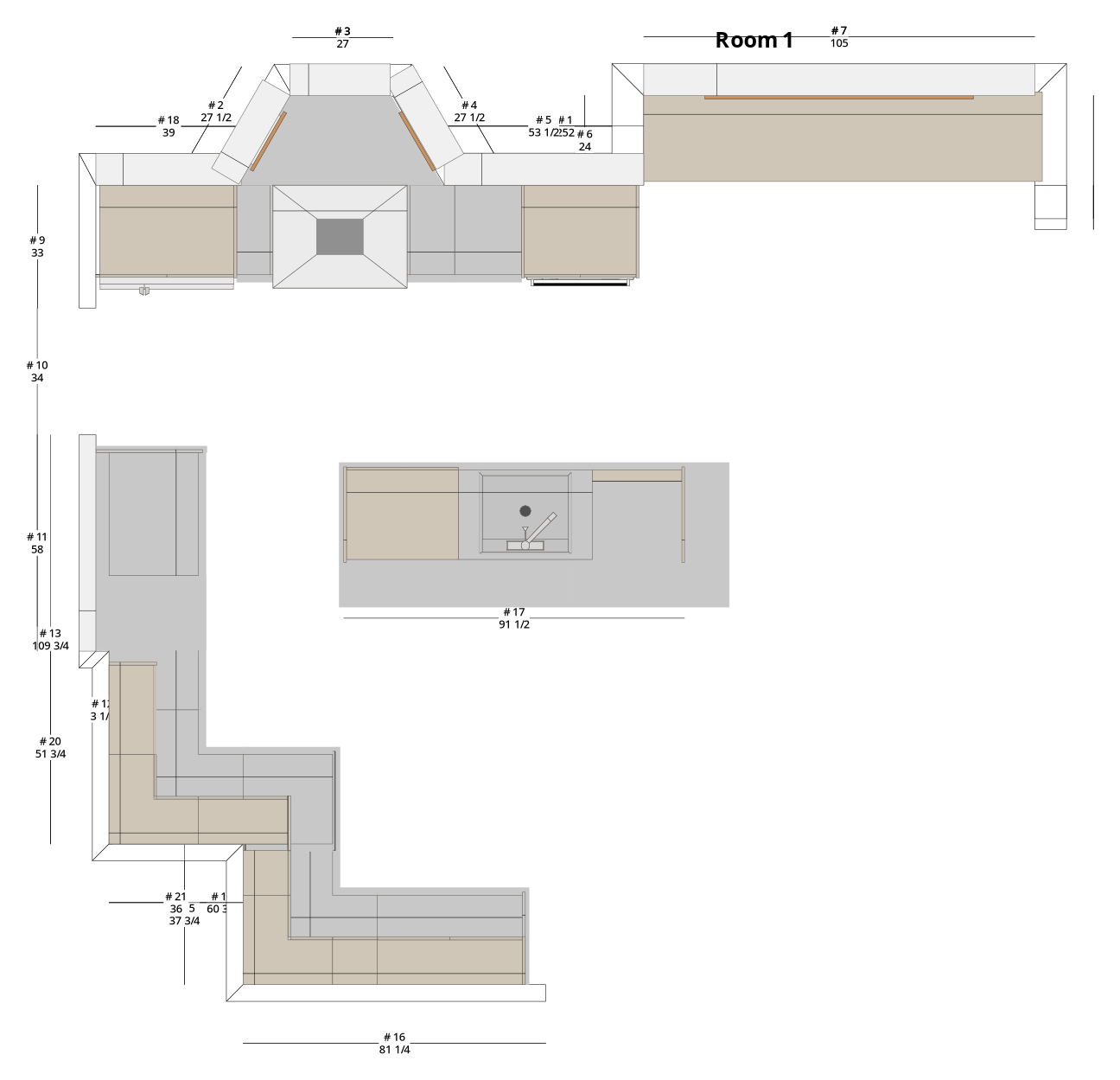Large Transitional U-Shaped Kitchen Cabinet Layout with Island/Peninsula - PDF Drawing Set | 1114-KUI