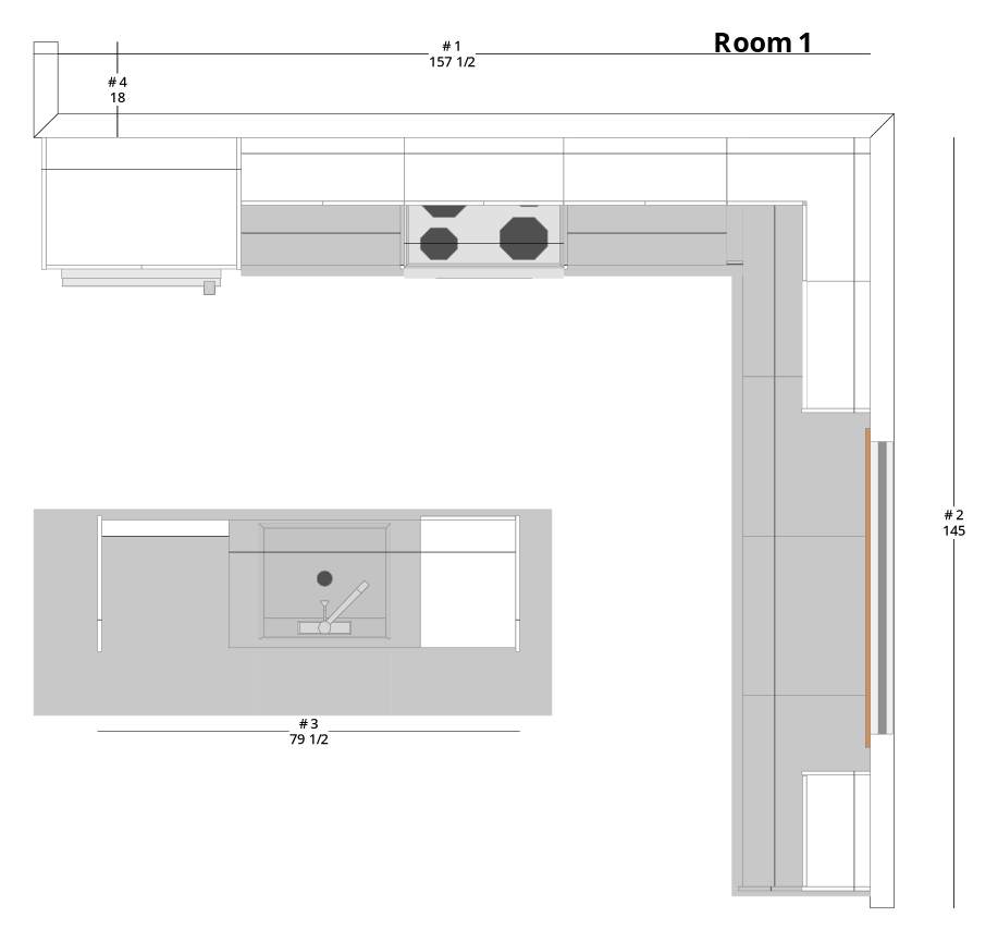 Large Transitional L-Shaped Kitchen Cabinet Layout with Island/Peninsula - PDF Drawing Set | 1115-KLI
