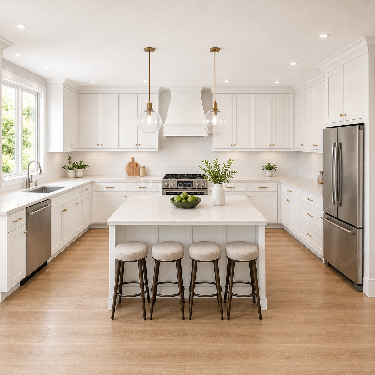 Large Transitional L-Shaped Kitchen Cabinet Layout with Island/Peninsula - PDF Drawing Set | 1115-KLI