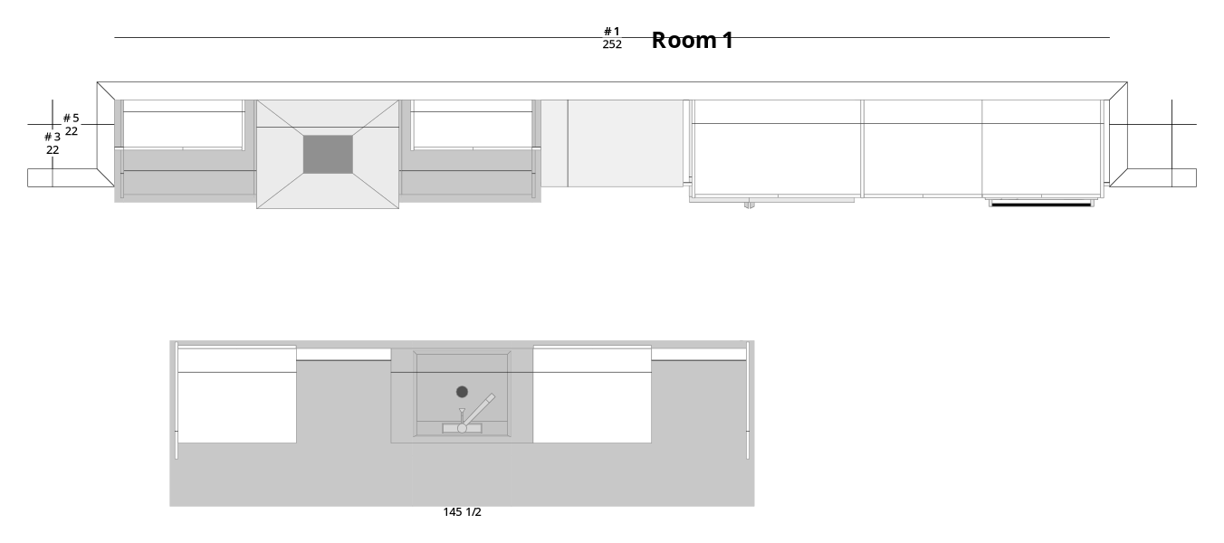 Large Modern Minimalist One-Wall Kitchen Cabinet Layout with Island/Peninsula - PDF Drawing Set | 1116-KII