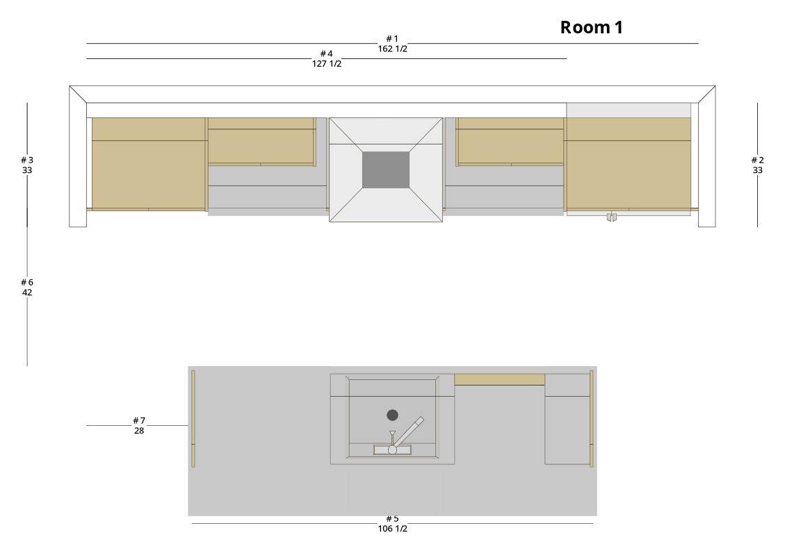 Large Modern Minimalist One-Wall Kitchen Cabinet Layout with Island/Peninsula - PDF Drawing Set | 1123-KII