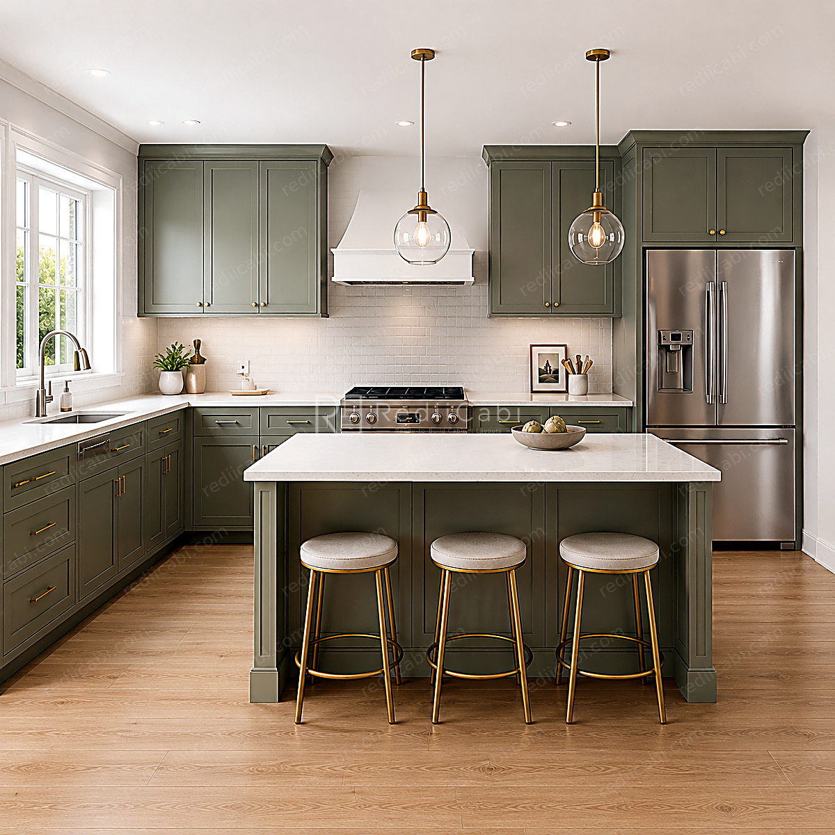 Large Transitional One-Wall Kitchen Cabinet Layout with Island/Peninsula - PDF Drawing Set | 1124-KII