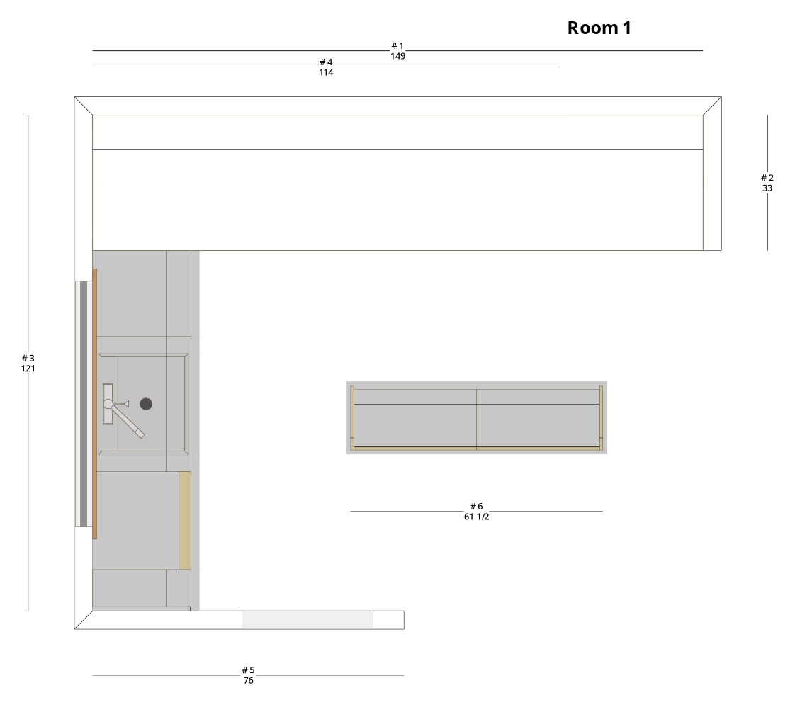 Large Modern Minimalist L-Shaped Kitchen Cabinet Layout with Island/Peninsula - PDF Drawing Set | 1125-KLI