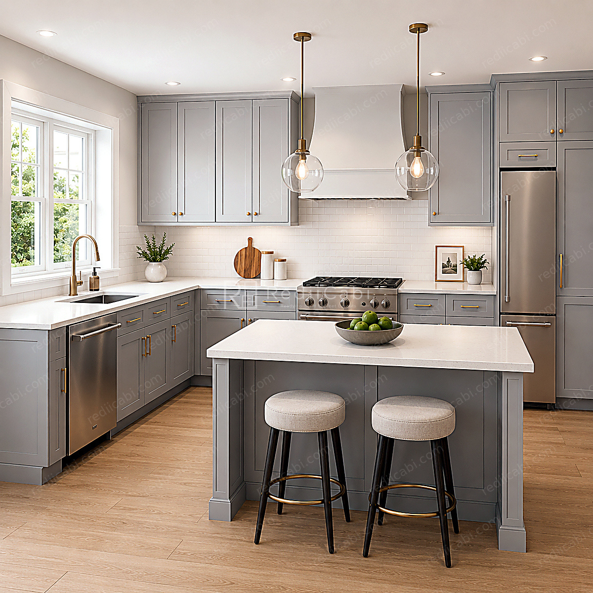 Large Modern Minimalist L-Shaped Kitchen Cabinet Layout with Island/Peninsula - PDF Drawing Set | 1125-KLI