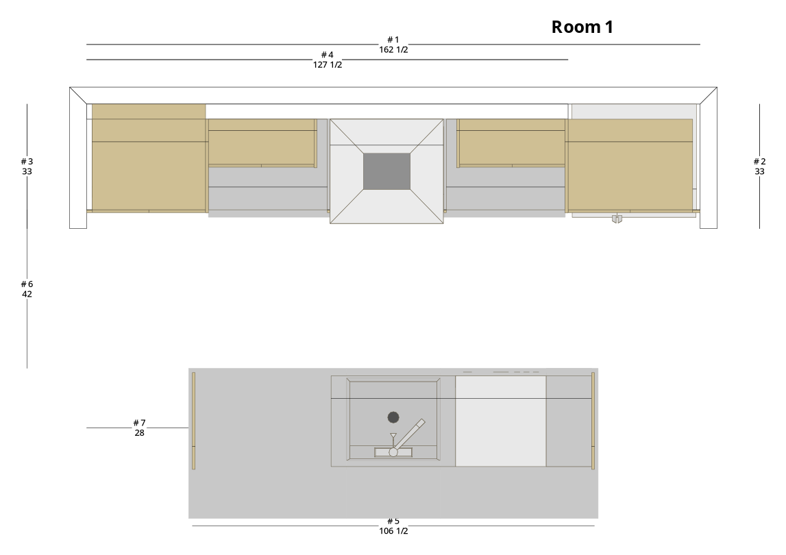 Large Modern Minimalist One-Wall Kitchen Cabinet Layout with Island/Peninsula - PDF Drawing Set | 1127-KII