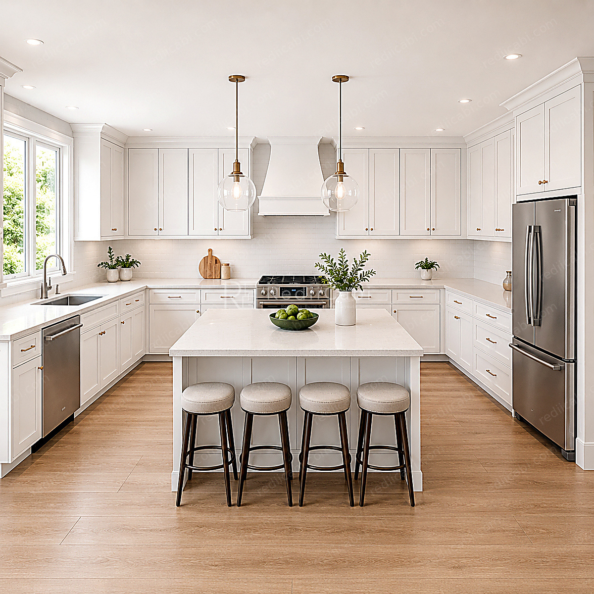 Large Transitional One-Wall Kitchen Cabinet Layout with Island/Peninsula - PDF Drawing Set | 1128-KII
