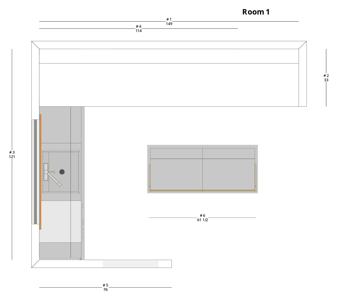 Large Modern Minimalist L-Shaped Kitchen Cabinet Layout with Island/Peninsula - PDF Drawing Set | 1130-KLI