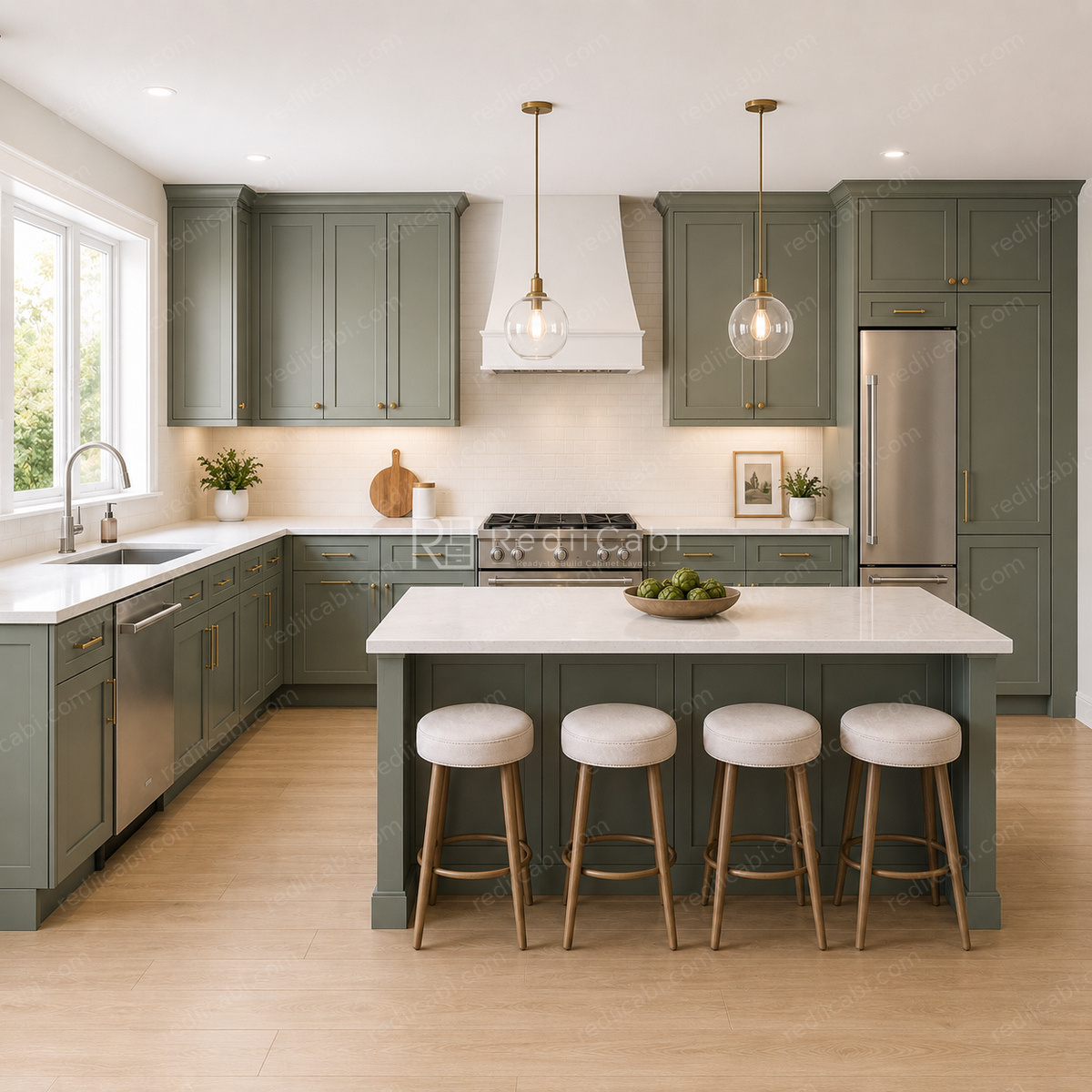 Large Modern Minimalist L-Shaped Kitchen Cabinet Layout with Island/Peninsula - PDF Drawing Set | 1130-KLI