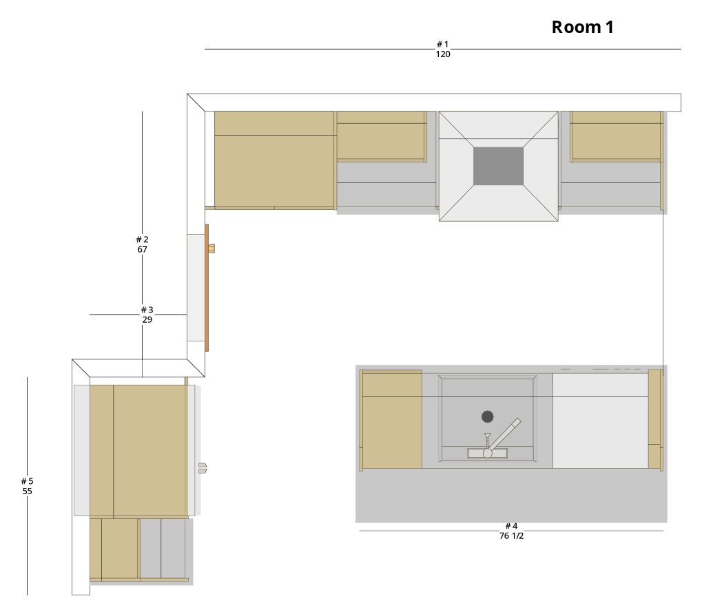 Medium Modern Minimalist L-Shaped Kitchen Cabinet Layout with Island/Peninsula - PDF Drawing Set | 1131-KLI