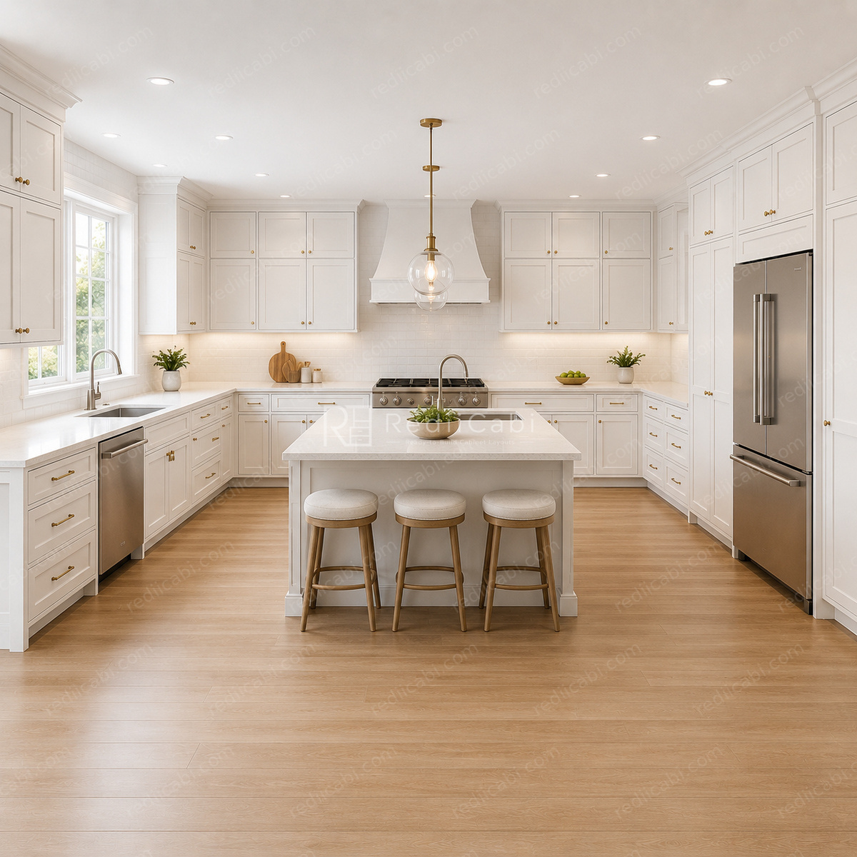 Medium Modern Minimalist L-Shaped Kitchen Cabinet Layout with Island/Peninsula - PDF Drawing Set | 1131-KLI